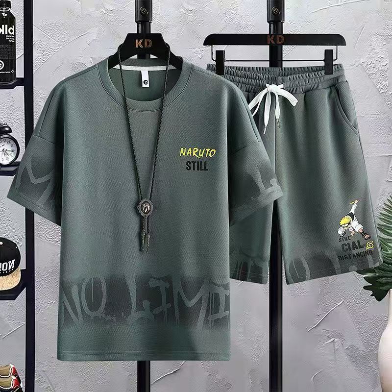 Men's Summer Loose Short Sleeve T-Shirt & Shorts Set, Korean Style Trendy Half Sleeve Tee with 5-Inch Shorts Two-Piece Outfit for Men, Naruto Print Casual Streetwear