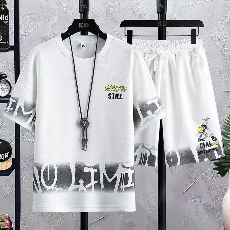 Men's Summer Loose Short Sleeve T-Shirt & Shorts Set, Korean Style Trendy Half Sleeve Tee with 5-Inch Shorts Two-Piece Outfit for Men, Naruto Print Casual Streetwear