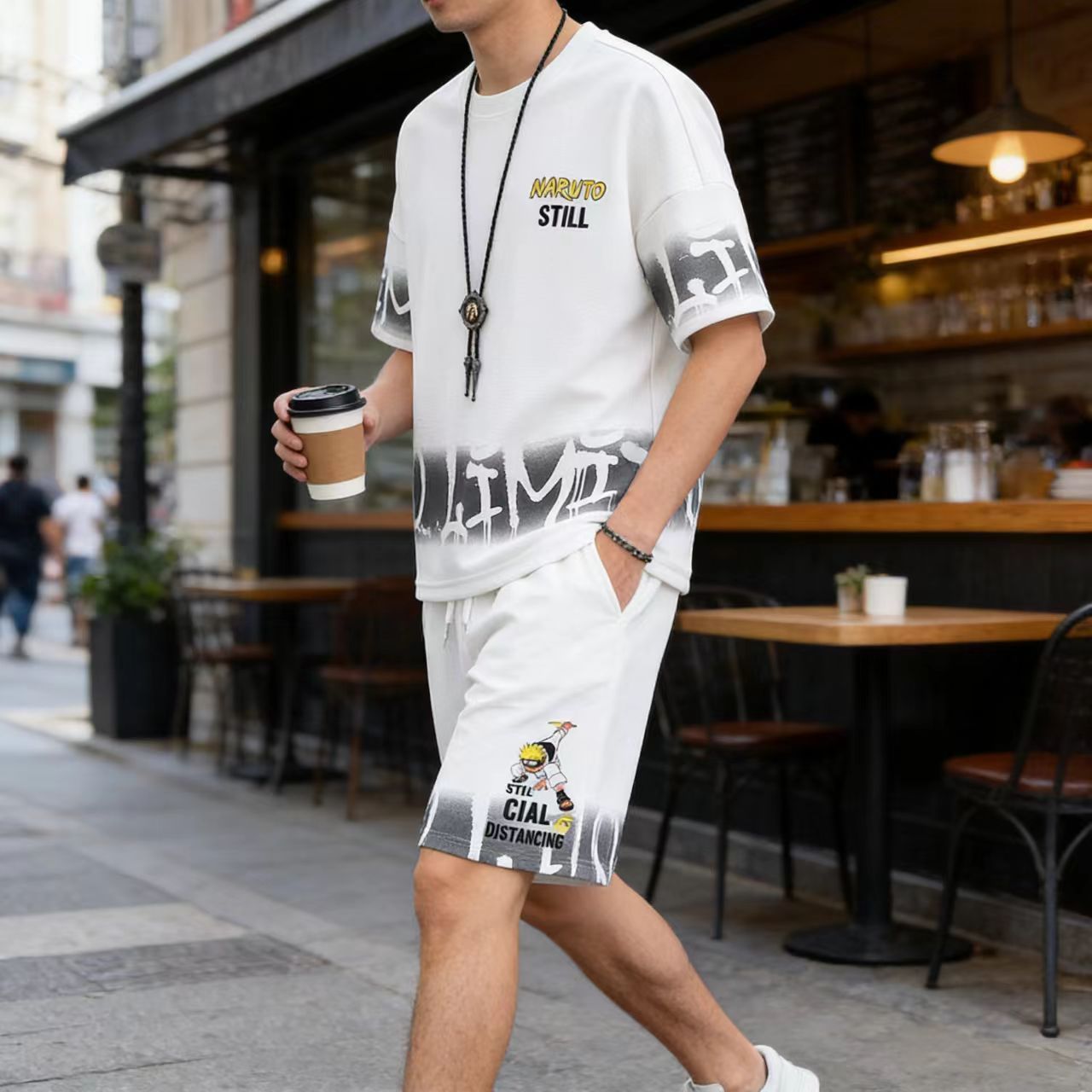 Men's Summer Loose Short Sleeve T-Shirt & Shorts Set, Korean Style Trendy Half Sleeve Tee with 5-Inch Shorts Two-Piece Outfit for Men, Naruto Print Casual Streetwear