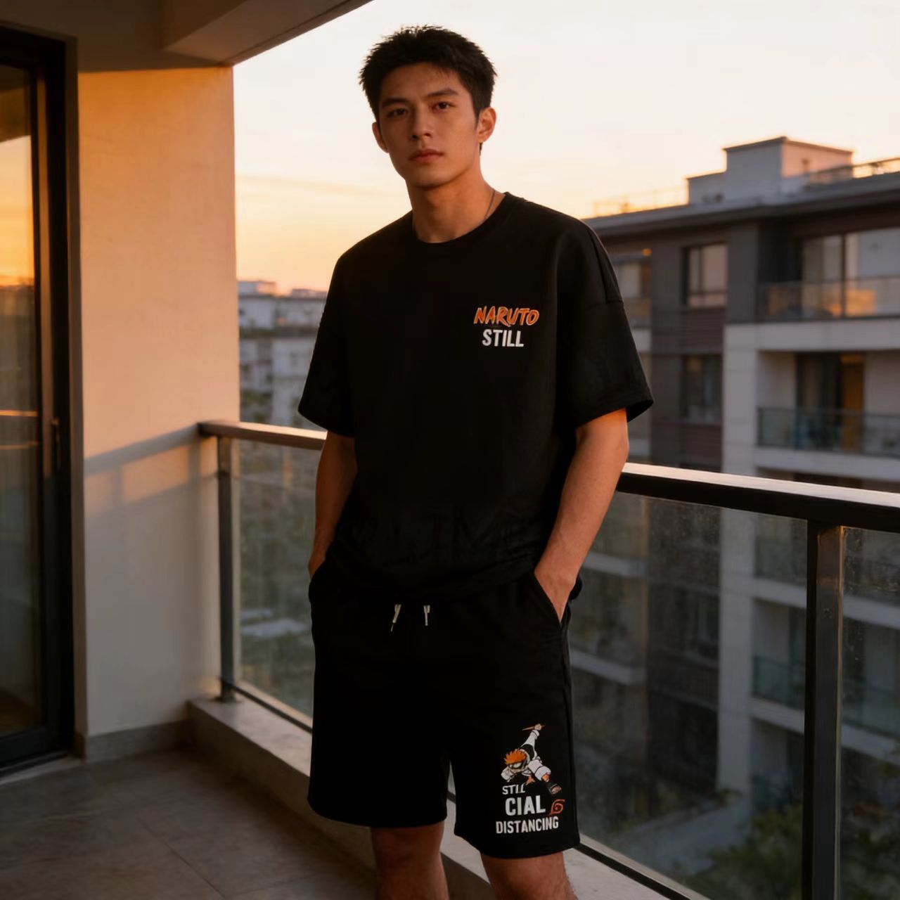 Men's Summer Loose Short Sleeve T-Shirt & Shorts Set, Korean Style Trendy Half Sleeve Tee with 5-Inch Shorts Two-Piece Outfit for Men, Naruto Print Casual Streetwear