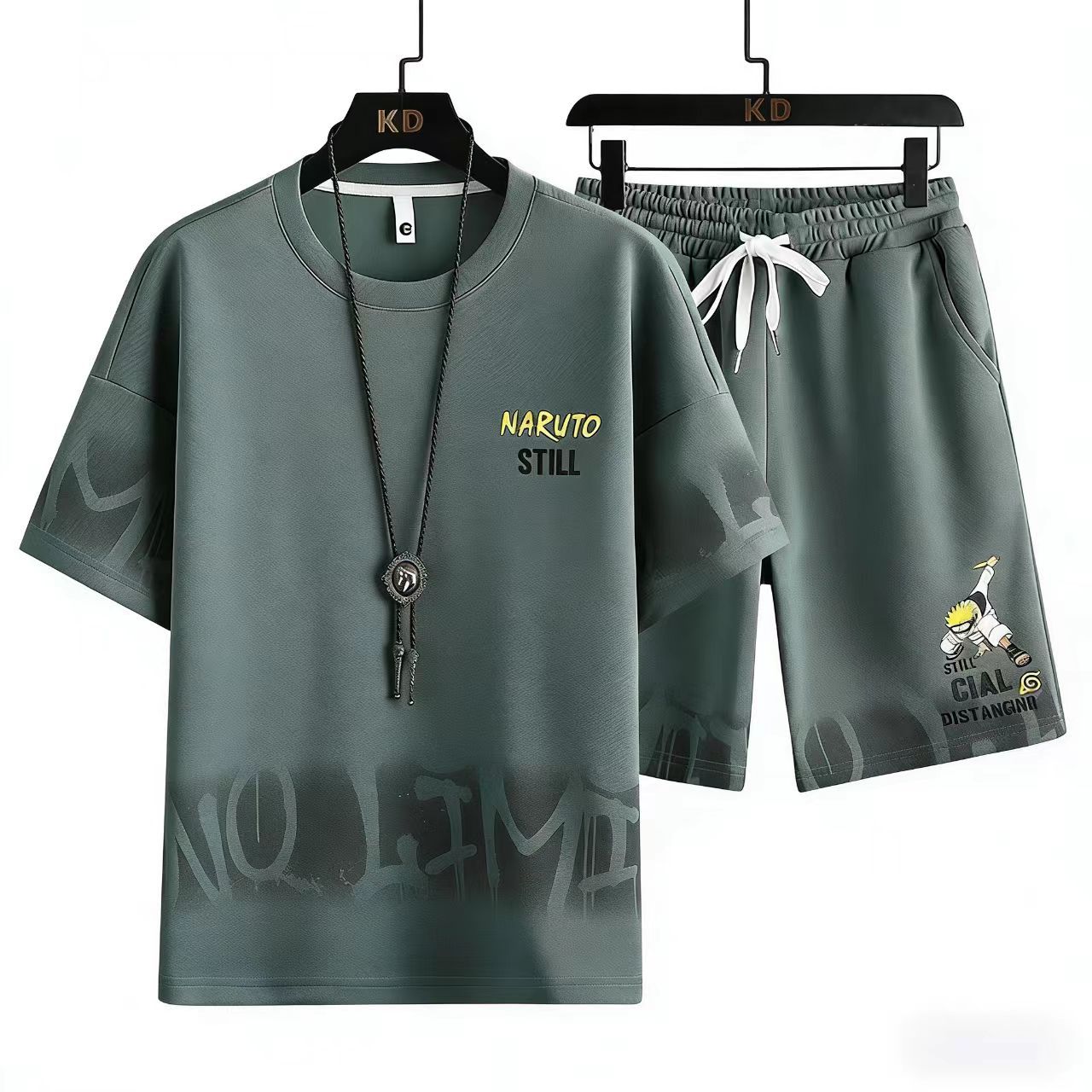 Men's Summer Loose Short Sleeve T-Shirt & Shorts Set, Korean Style Trendy Half Sleeve Tee with 5-Inch Shorts Two-Piece Outfit for Men, Naruto Print Casual Streetwear
