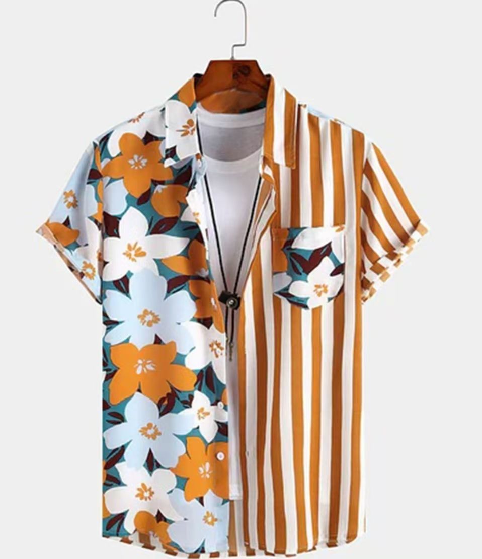 Men's Summer Fashion Short Sleeve Printed Shirts Korean Slim Fit Casual Versatile High-Grade Color Block Trendy Tops for Daily Beach Vacation