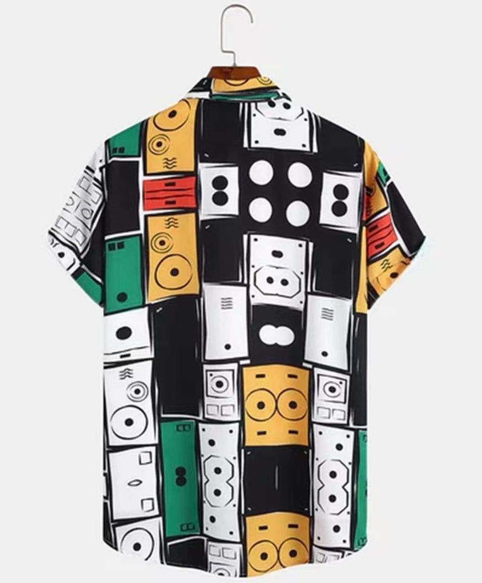 Men's Summer Fashion Short Sleeve Printed Shirts Korean Slim Fit Casual Versatile High-Grade Color Block Trendy Tops for Daily Beach Vacation