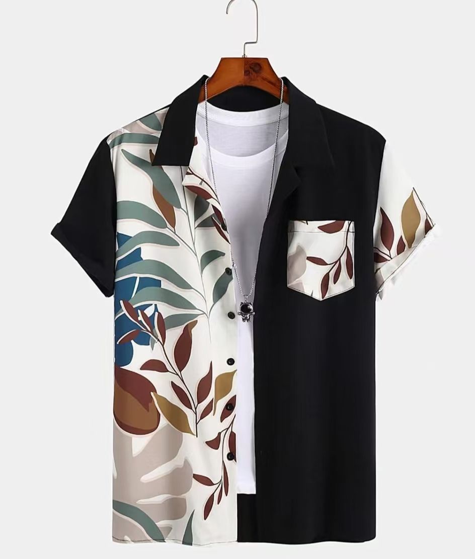 Men's Summer Fashion Short Sleeve Printed Shirts Korean Slim Fit Casual Versatile High-Grade Color Block Trendy Tops for Daily Beach Vacation