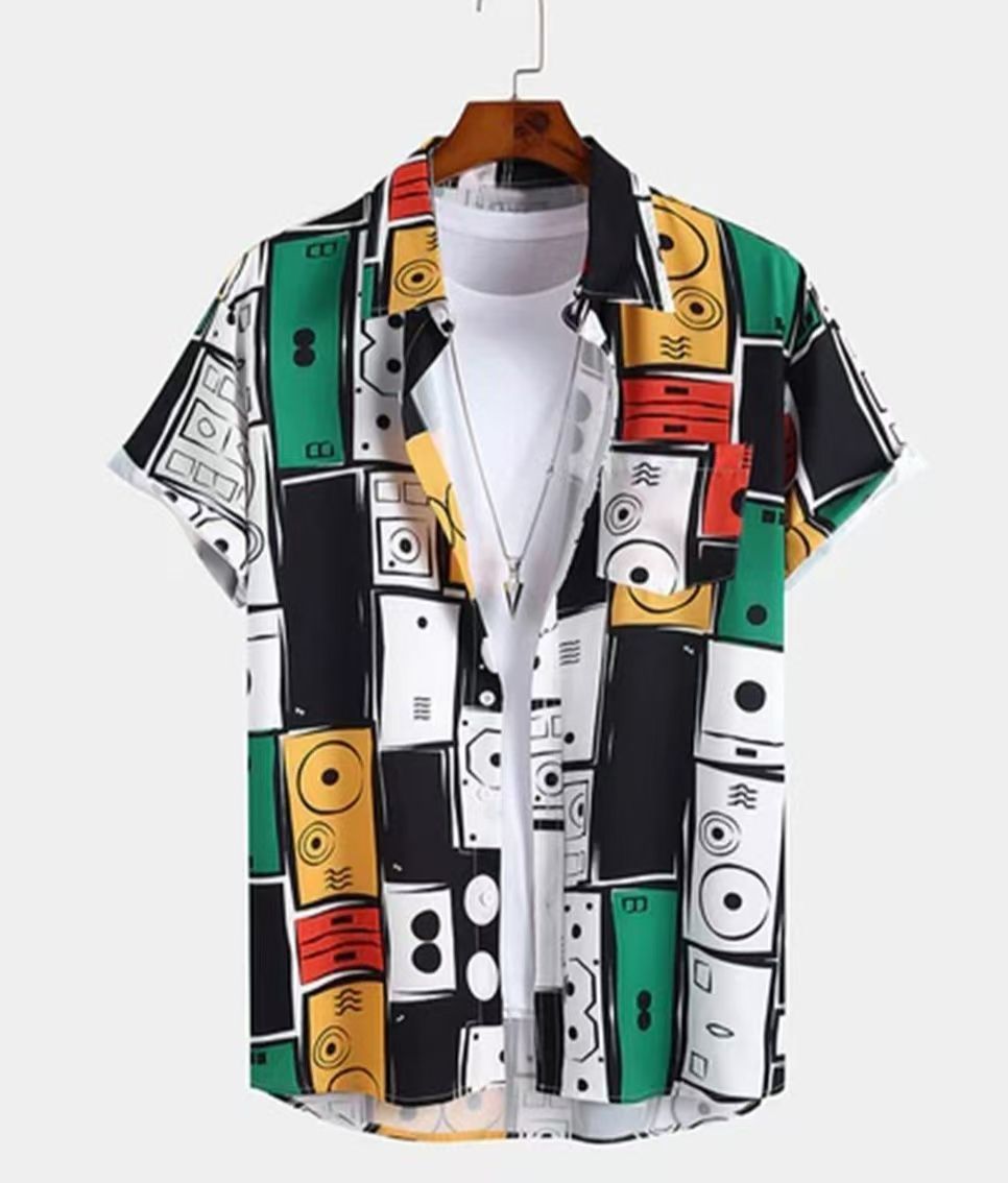Men's Summer Fashion Short Sleeve Printed Shirts Korean Slim Fit Casual Versatile High-Grade Color Block Trendy Tops for Daily Beach Vacation