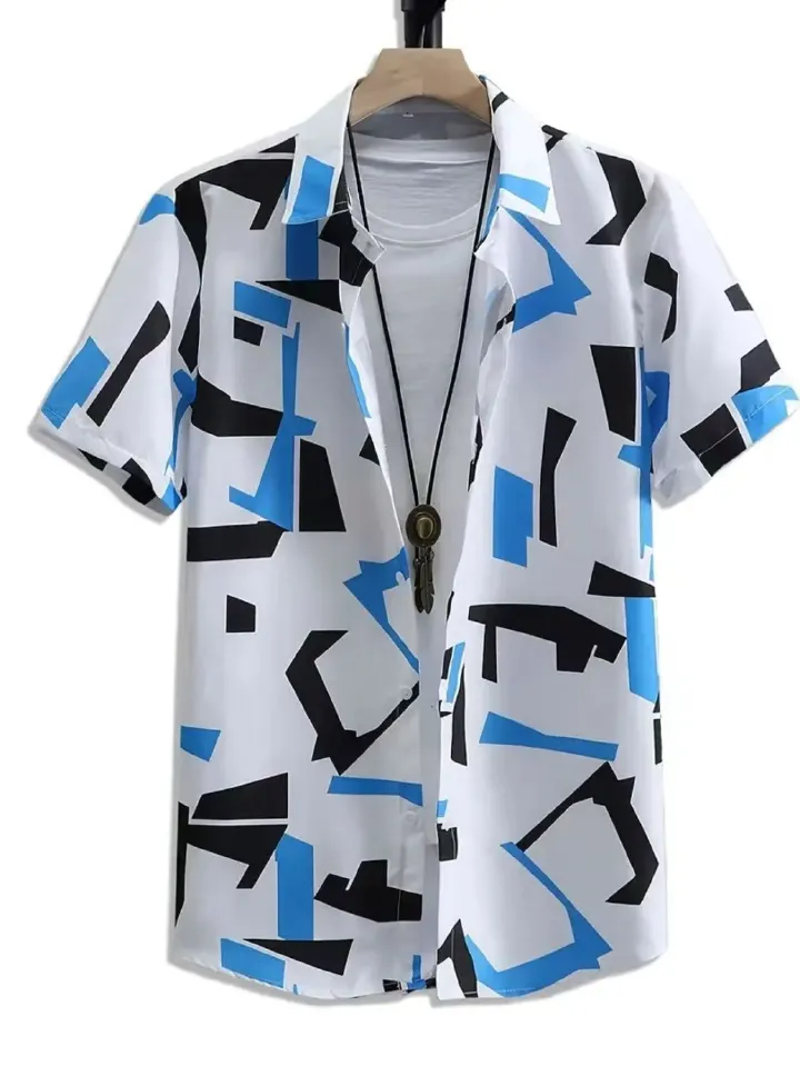 Men's Summer Fashion Short Sleeve Printed Shirts Korean Slim Fit Casual Versatile High-Grade Color Block Trendy Tops for Daily Beach Vacation