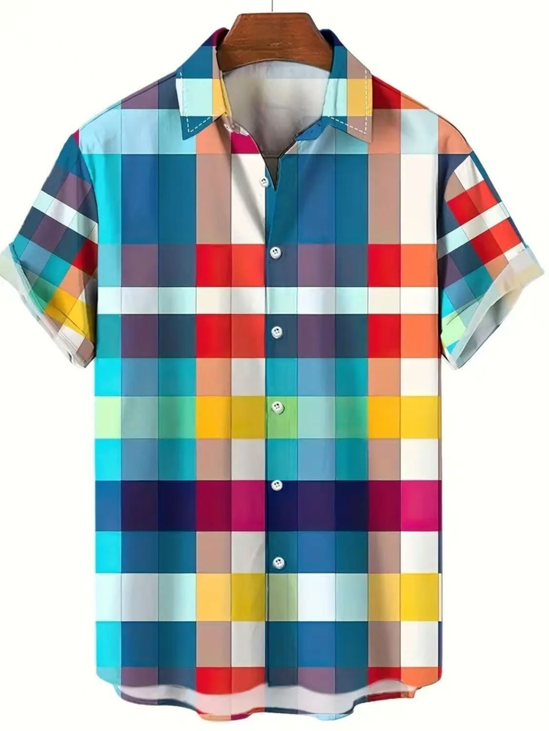 Men's Summer Fashion Short Sleeve Printed Shirts Korean Slim Fit Casual Versatile High-Grade Color Block Trendy Tops for Daily Beach Vacation