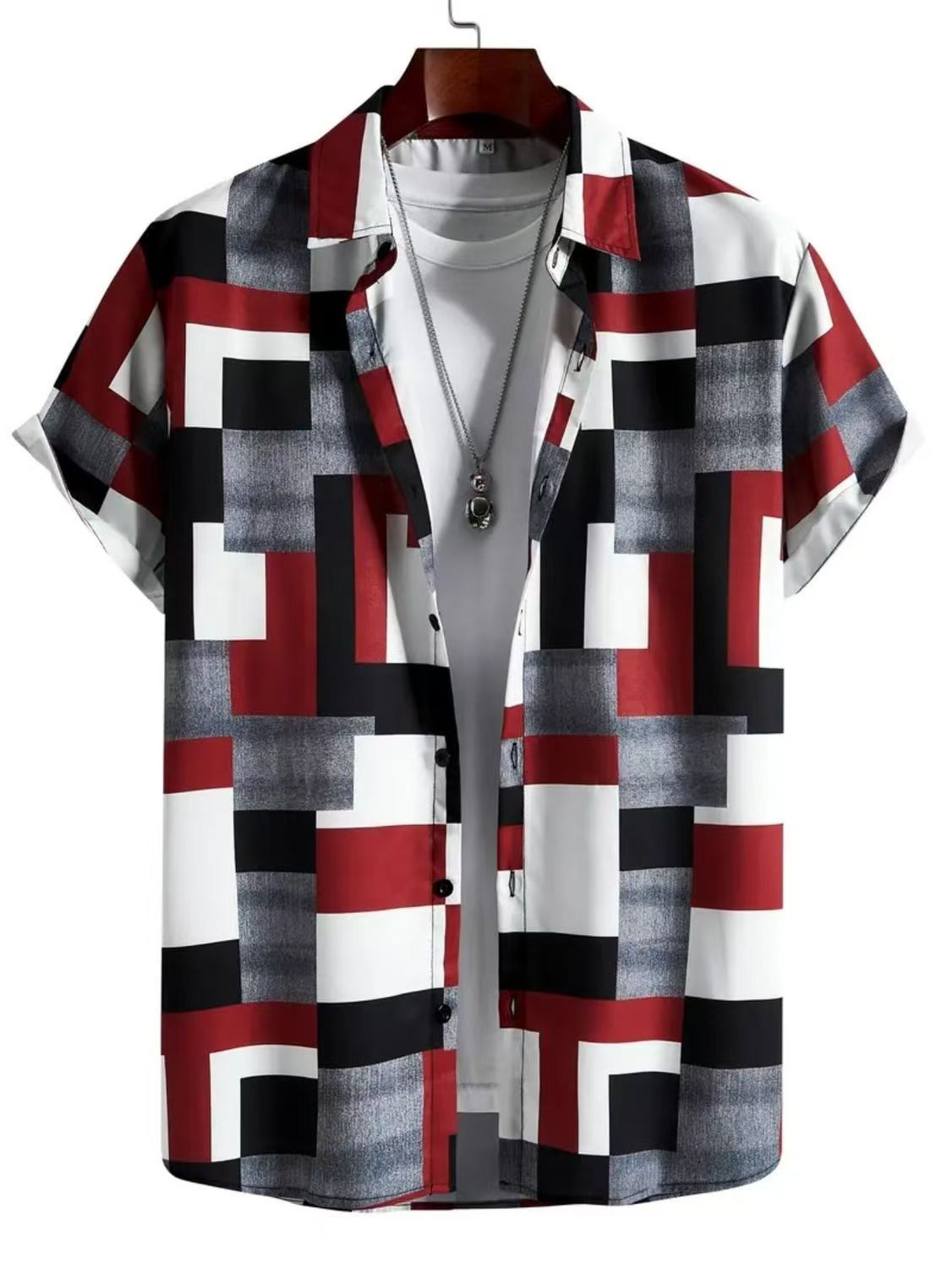 Men's Summer Fashion Short Sleeve Printed Shirts Korean Slim Fit Casual Versatile High-Grade Color Block Trendy Tops for Daily Beach Vacation