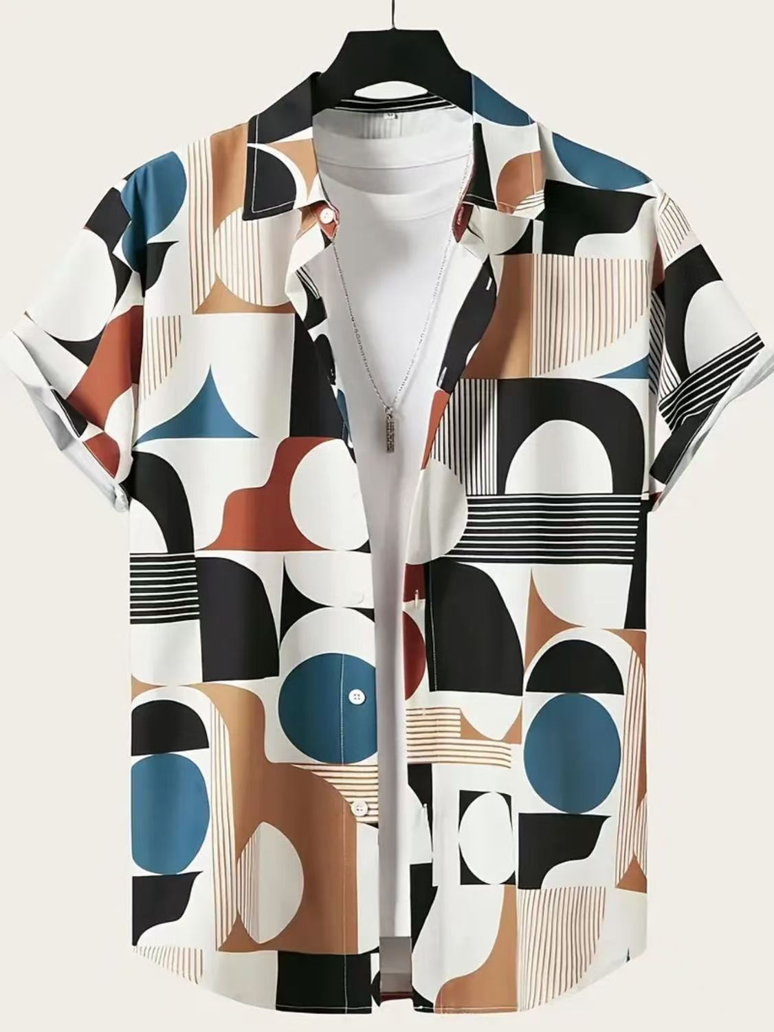 Men's Summer Fashion Short Sleeve Printed Shirts Korean Slim Fit Casual Versatile High-Grade Color Block Trendy Tops for Daily Beach Vacation