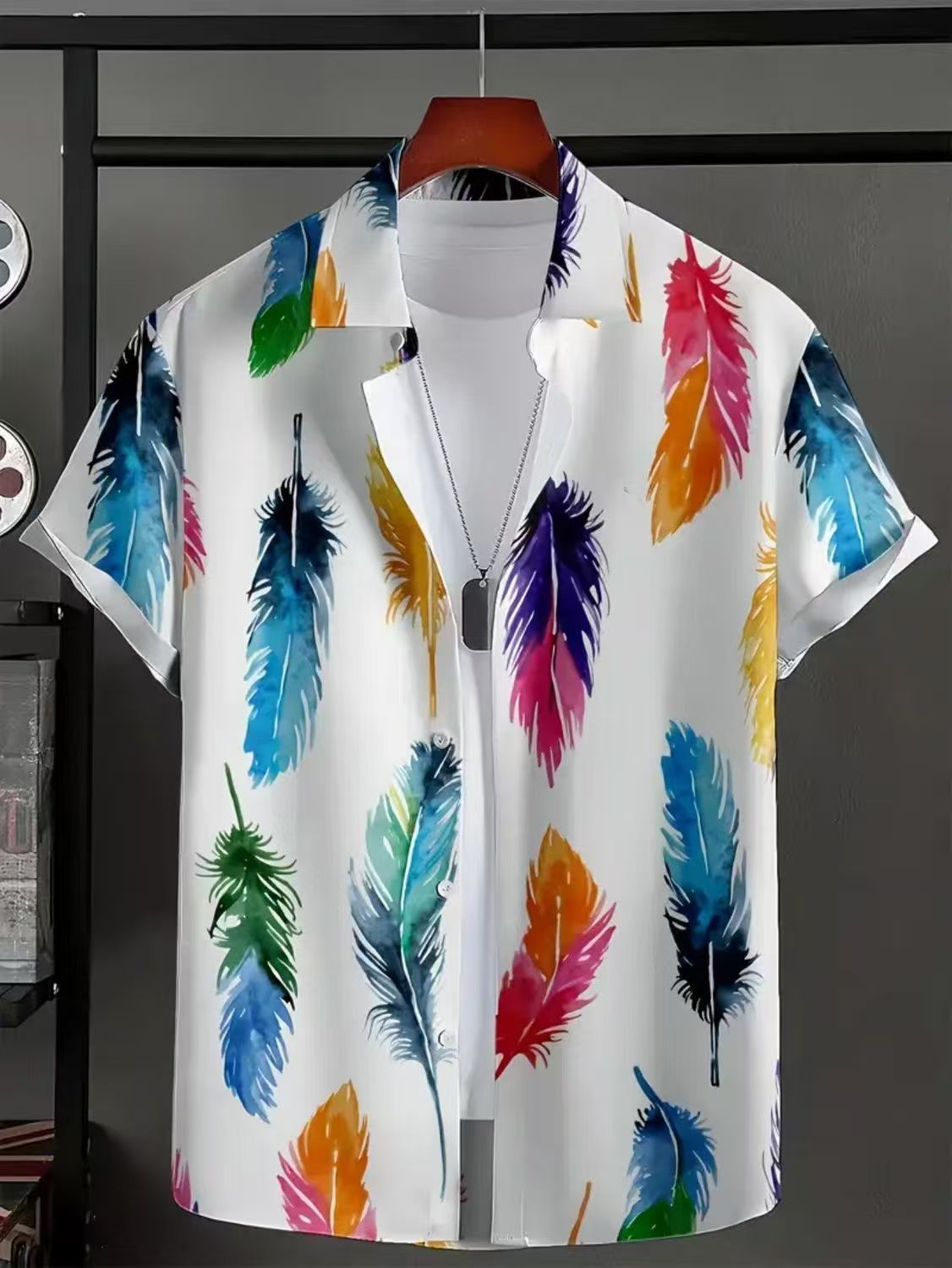 Men's Summer Fashion Short Sleeve Printed Shirts Korean Slim Fit Casual Versatile High-Grade Color Block Trendy Tops for Daily Beach Vacation