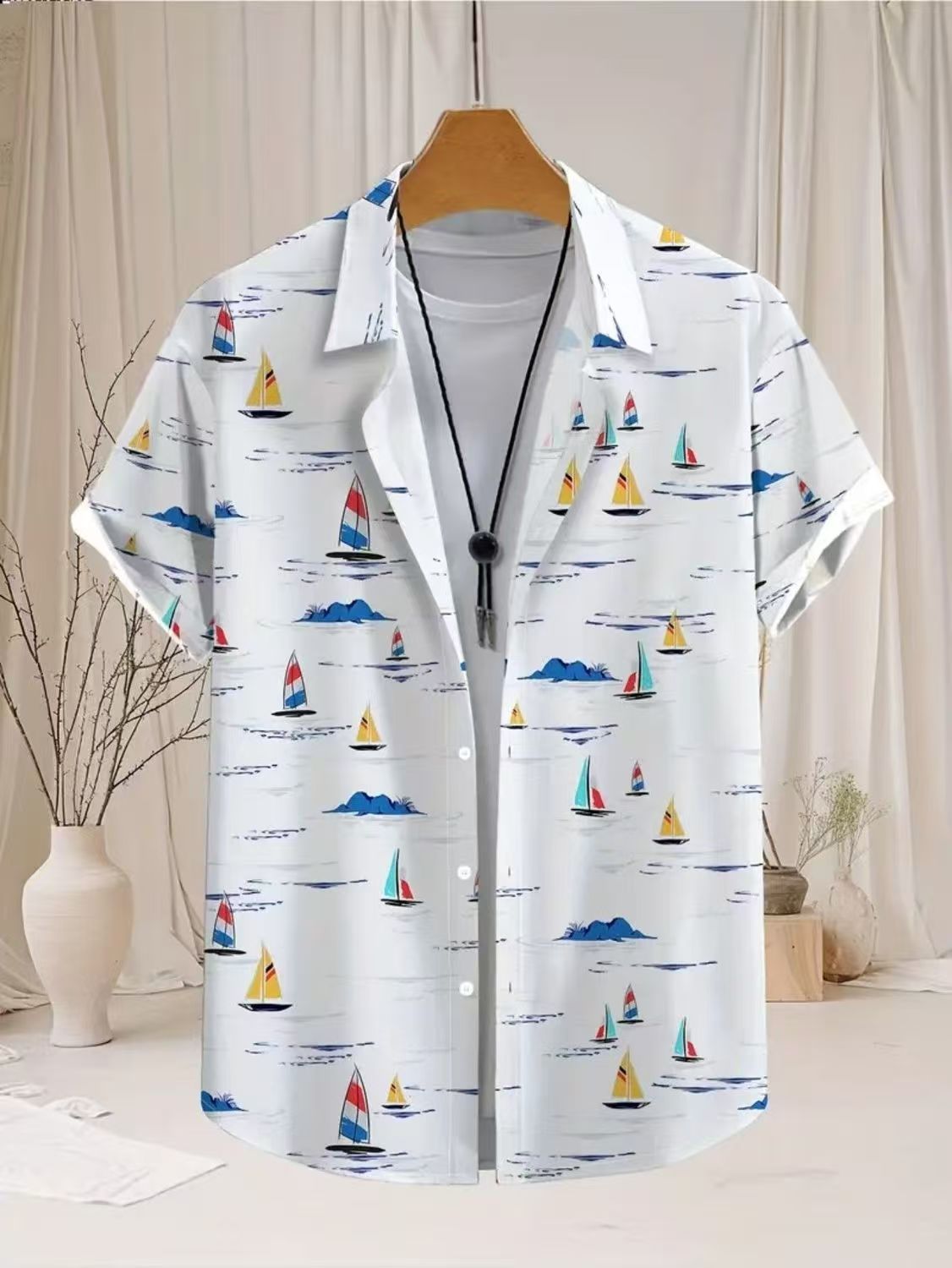 Men's Summer Fashion Short Sleeve Printed Shirts Korean Slim Fit Casual Versatile High-Grade Color Block Trendy Tops for Daily Beach Vacation