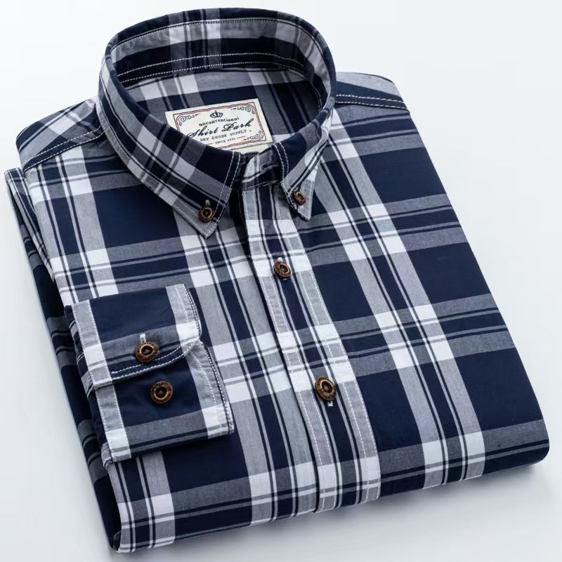 Men's Spring Autumn Plaid Shirts, 100% Xinjiang Long-Staple Cotton Ultra-Soft Breathable Skin-Friendly, Fashion Business Casual Light Mature Style Long Sleeve Shirts for Men