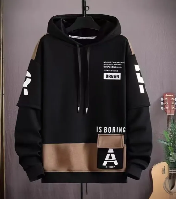 Teen Boys'  Hoodies Trendy Patchwork Fleece-lined Hooded Sweatshirts for Junior High & High School Students, Stylish Color Block Long Sleeve Pullover with Pocket, Cool Casual Streetwear for Teenagers