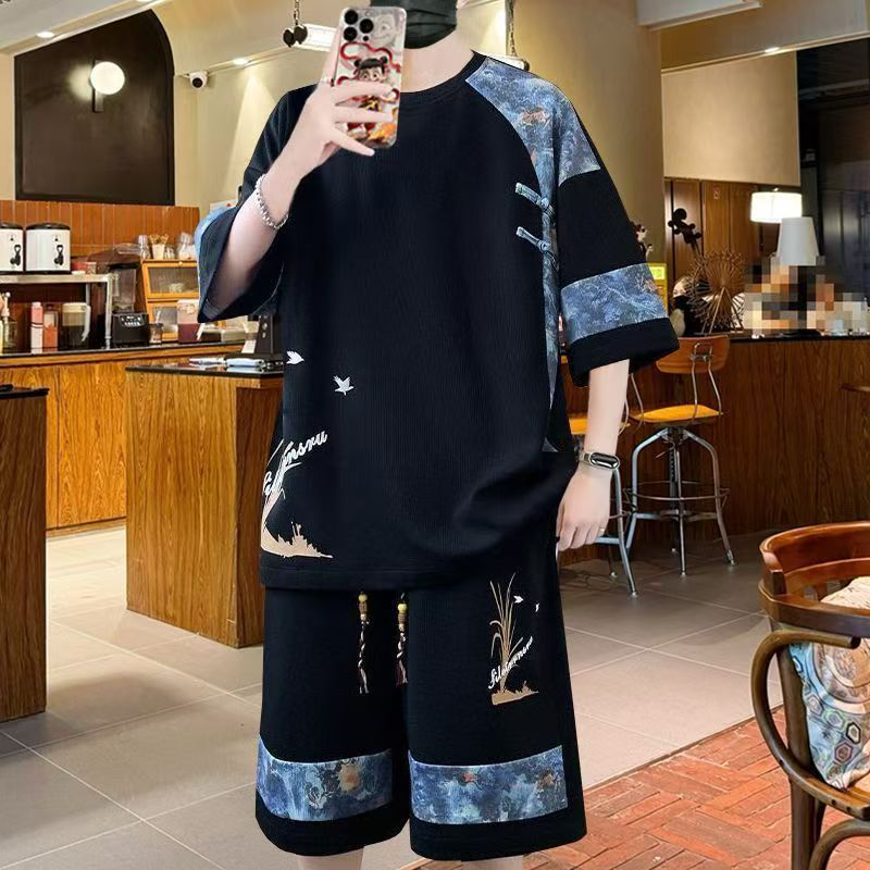 Chinese Style Men's Summer 2-Piece Set, Loose Casual Short Sleeve T-Shirt & Shorts, Retro Printed Tang Suit Inspired Outfit, Fashionable Cool Streetwear for Teenagers and Adults, Breathable Oversized