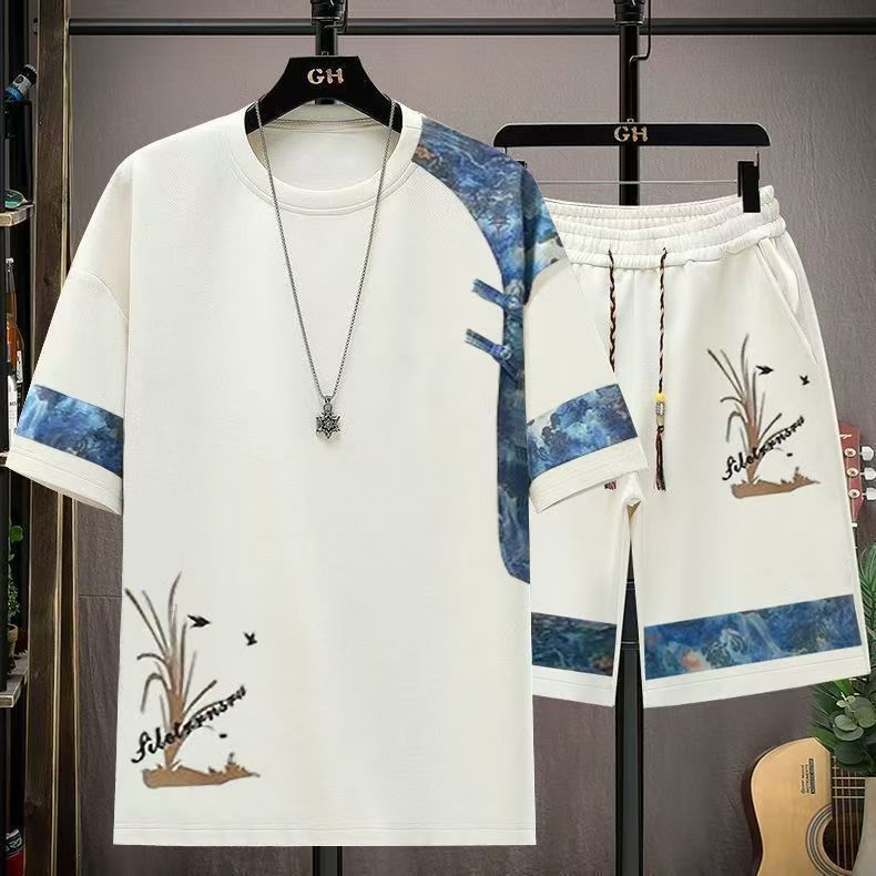 Chinese Style Men's Summer 2-Piece Set, Loose Casual Short Sleeve T-Shirt & Shorts, Retro Printed Tang Suit Inspired Outfit, Fashionable Cool Streetwear for Teenagers and Adults, Breathable Oversized