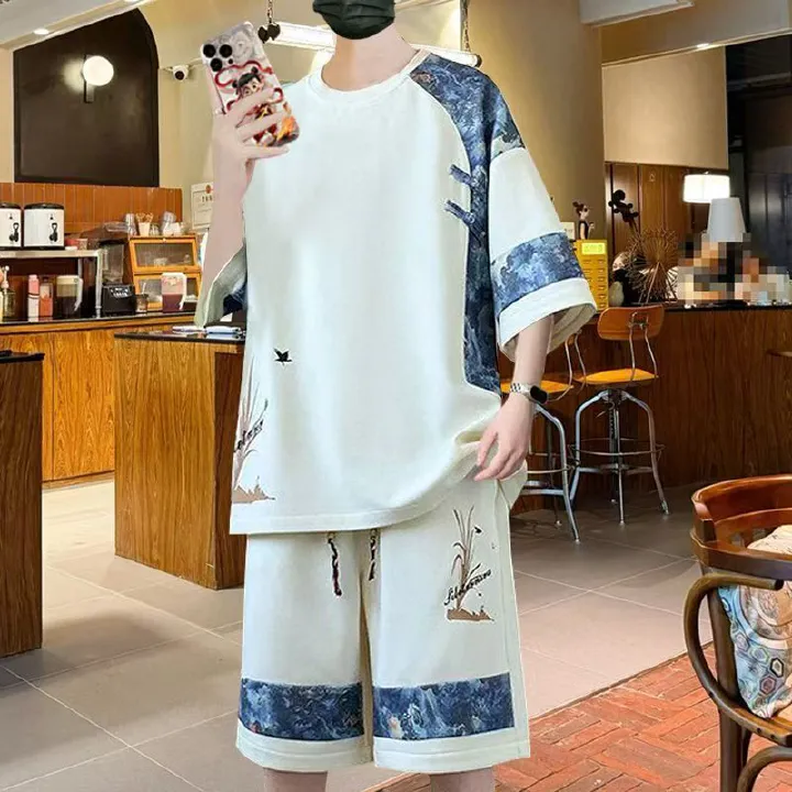 Chinese Style Men's Summer 2-Piece Set, Loose Casual Short Sleeve T-Shirt & Shorts, Retro Printed Tang Suit Inspired Outfit, Fashionable Cool Streetwear for Teenagers and Adults, Breathable Oversized