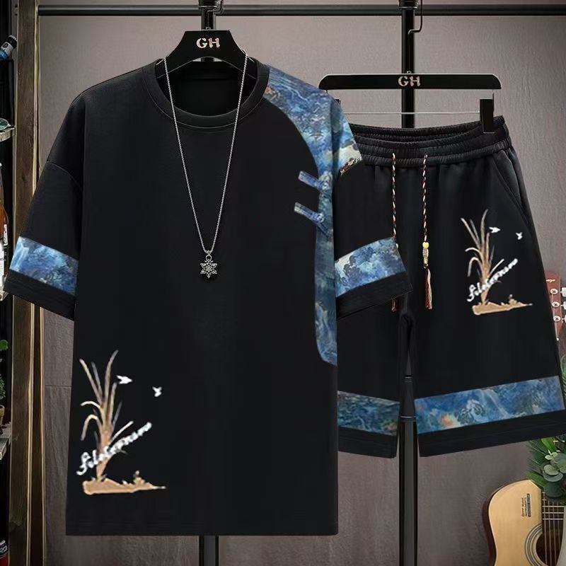 Chinese Style Men's Summer 2-Piece Set, Loose Casual Short Sleeve T-Shirt & Shorts, Retro Printed Tang Suit Inspired Outfit, Fashionable Cool Streetwear for Teenagers and Adults, Breathable Oversized