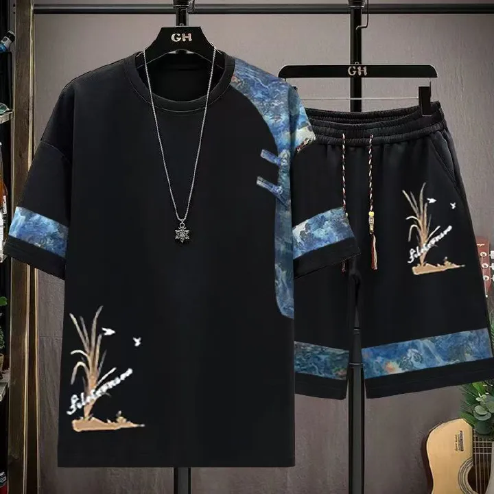 Chinese Style Men's Summer 2-Piece Set, Loose Casual Short Sleeve T-Shirt & Shorts, Retro Printed Tang Suit Inspired Outfit, Fashionable Cool Streetwear for Teenagers and Adults, Breathable Oversized