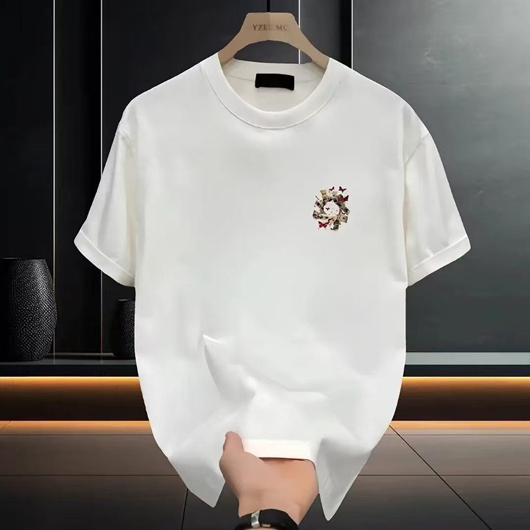 Men's High-Quality Short-Sleeve T-Shirt: American casual crew neck, breathable fabric. Trendy prints in black/white. Versatile for daily/streetwear. Comfortable fit, durable material.