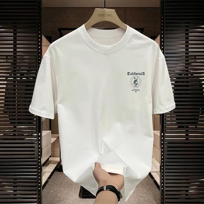 Men's High-Quality Short-Sleeve T-Shirt: American casual crew neck, breathable fabric. Trendy prints in black/white. Versatile for daily/streetwear. Comfortable fit, durable material.