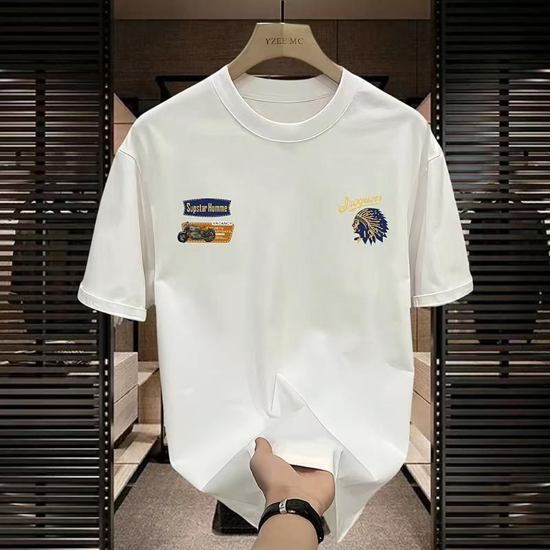 Men's High-Quality Short-Sleeve T-Shirt: American casual crew neck, breathable fabric. Trendy prints in black/white. Versatile for daily/streetwear. Comfortable fit, durable material.