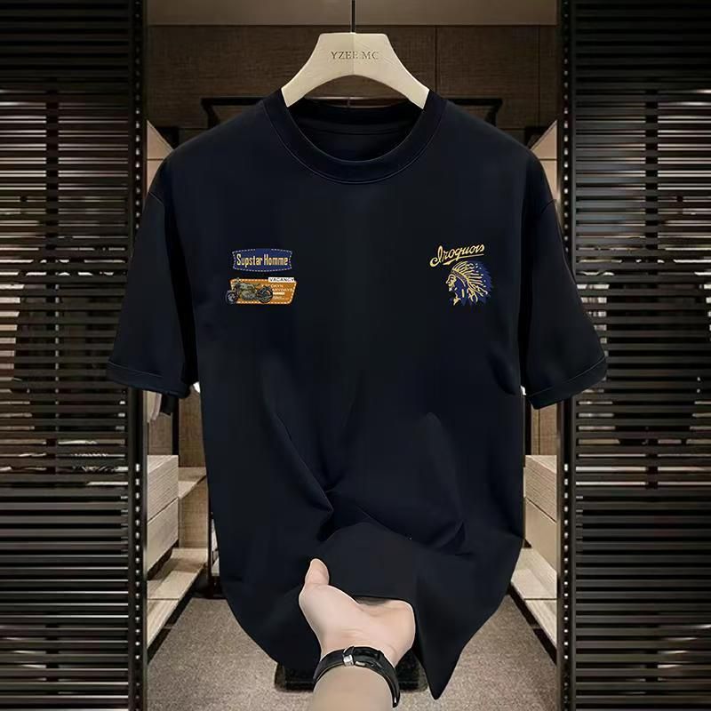 Men's High-Quality Short-Sleeve T-Shirt: American casual crew neck, breathable fabric. Trendy prints in black/white. Versatile for daily/streetwear. Comfortable fit, durable material.