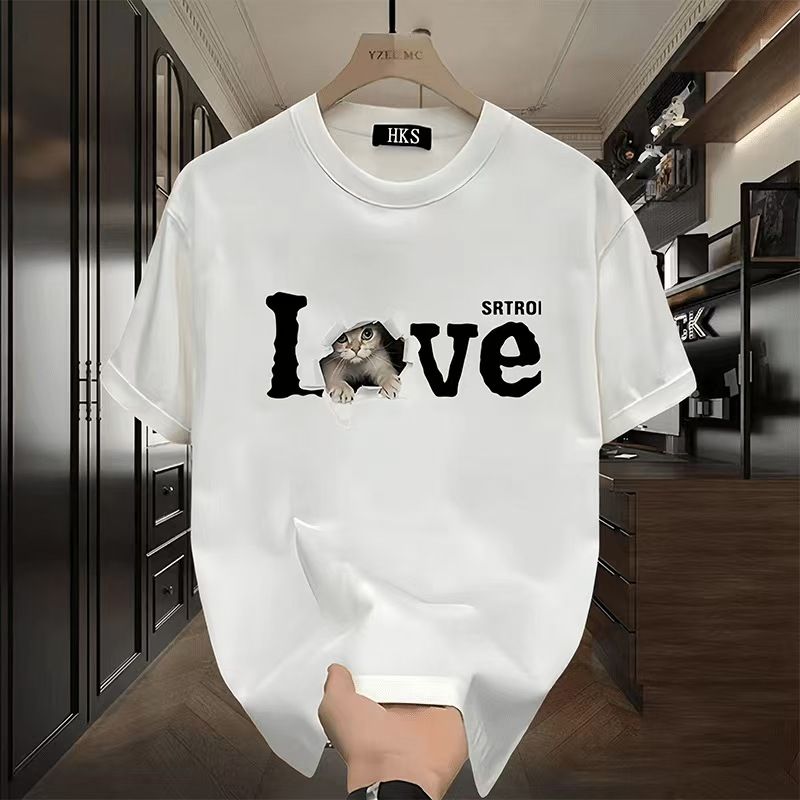 Men's High-Quality Short-Sleeve T-Shirt: American casual crew neck, breathable fabric. Trendy prints in black/white. Versatile for daily/streetwear. Comfortable fit, durable material.