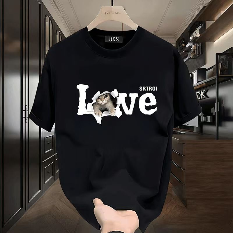 Men's High-Quality Short-Sleeve T-Shirt: American casual crew neck, breathable fabric. Trendy prints in black/white. Versatile for daily/streetwear. Comfortable fit, durable material.