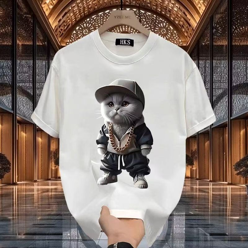 Men's High-Quality Short-Sleeve T-Shirt: American casual crew neck, breathable fabric. Trendy prints in black/white. Versatile for daily/streetwear. Comfortable fit, durable material.