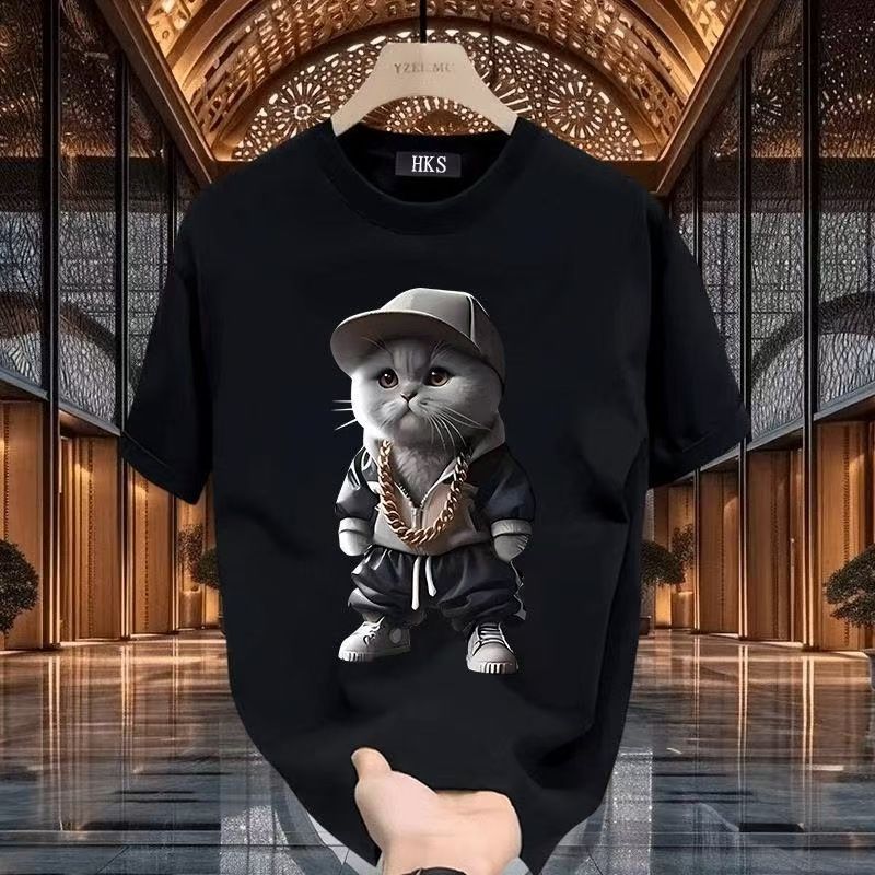 Men's High-Quality Short-Sleeve T-Shirt: American casual crew neck, breathable fabric. Trendy prints in black/white. Versatile for daily/streetwear. Comfortable fit, durable material.