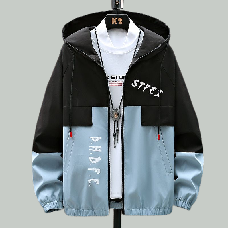 Men's Fashion Casual Jacket, Teenager Korean Style Workwear Hooded Coat, Trendy Loose Fit Hoodie Jacket for Students, Lightweight Windbreaker with Contrast Color Block Design, Stylish Streetwear