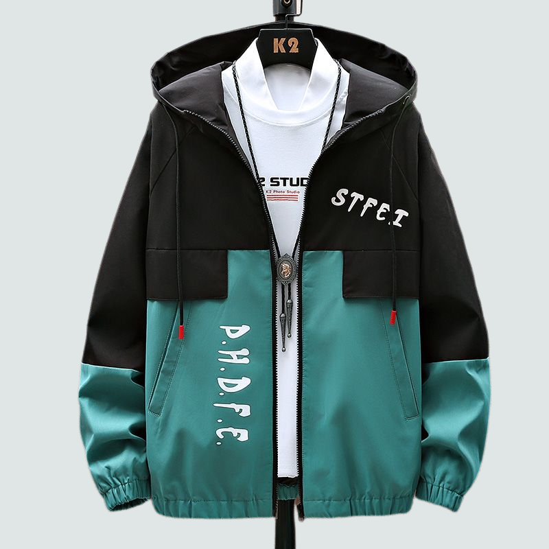 Men's Fashion Casual Jacket, Teenager Korean Style Workwear Hooded Coat, Trendy Loose Fit Hoodie Jacket for Students, Lightweight Windbreaker with Contrast Color Block Design, Stylish Streetwear