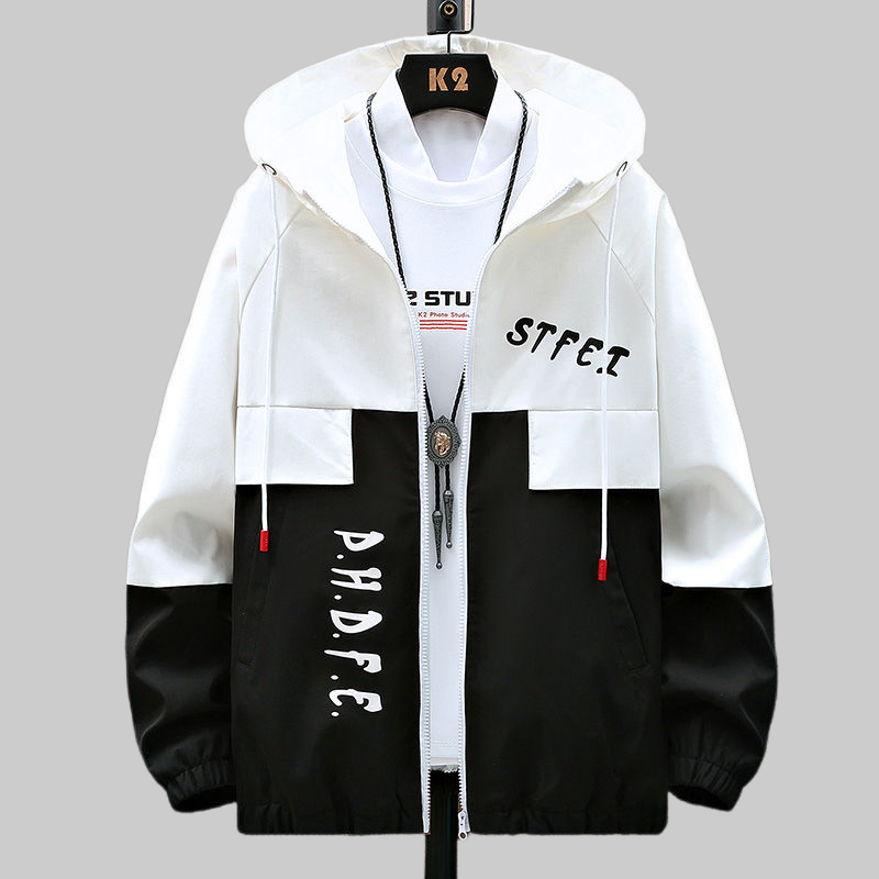 Men's Fashion Casual Jacket, Teenager Korean Style Workwear Hooded Coat, Trendy Loose Fit Hoodie Jacket for Students, Lightweight Windbreaker with Contrast Color Block Design, Stylish Streetwear
