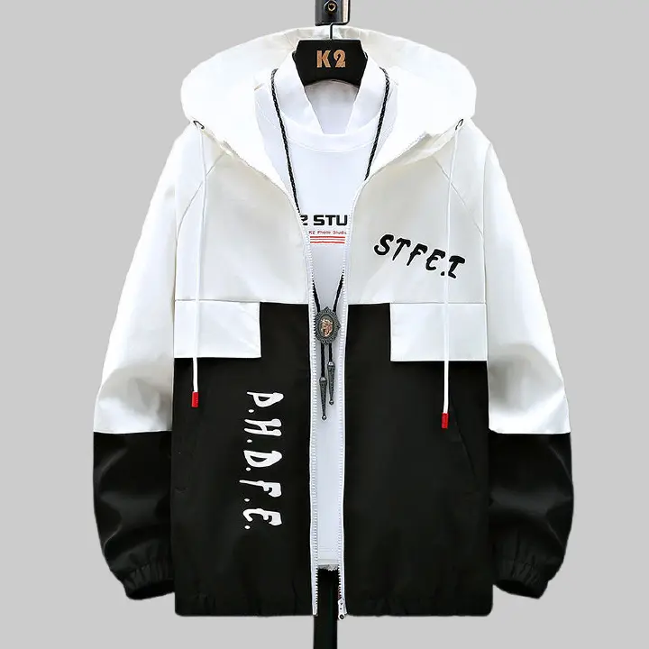 Men's Fashion Casual Jacket, Teenager Korean Style Workwear Hooded Coat, Trendy Loose Fit Hoodie Jacket for Students, Lightweight Windbreaker with Contrast Color Block Design, Stylish Streetwear