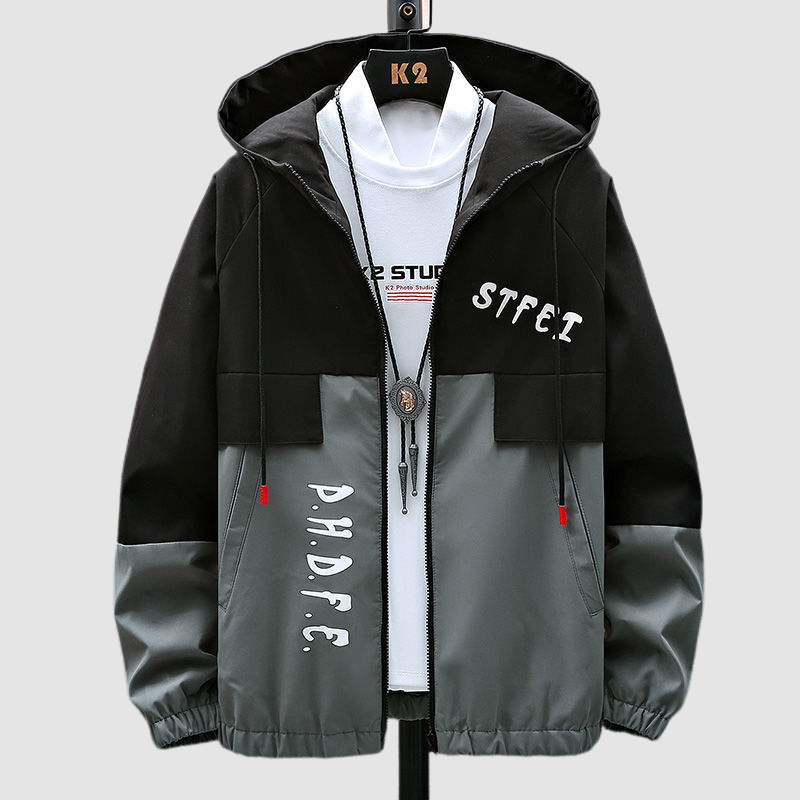 Men's Fashion Casual Jacket, Teenager Korean Style Workwear Hooded Coat, Trendy Loose Fit Hoodie Jacket for Students, Lightweight Windbreaker with Contrast Color Block Design, Stylish Streetwear