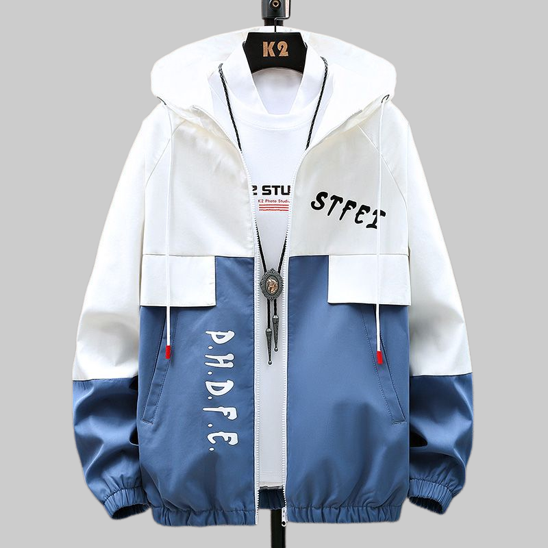 Men's Fashion Casual Jacket, Teenager Korean Style Workwear Hooded Coat, Trendy Loose Fit Hoodie Jacket for Students, Lightweight Windbreaker with Contrast Color Block Design, Stylish Streetwear
