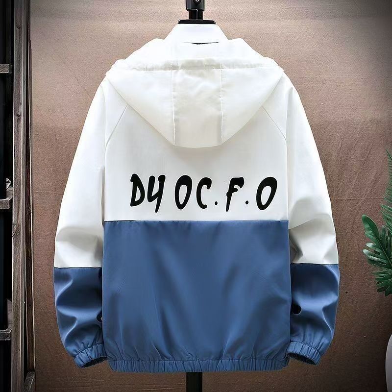 Men's Fashion Casual Jacket, Teenager Korean Style Workwear Hooded Coat, Trendy Loose Fit Hoodie Jacket for Students, Lightweight Windbreaker with Contrast Color Block Design, Stylish Streetwear