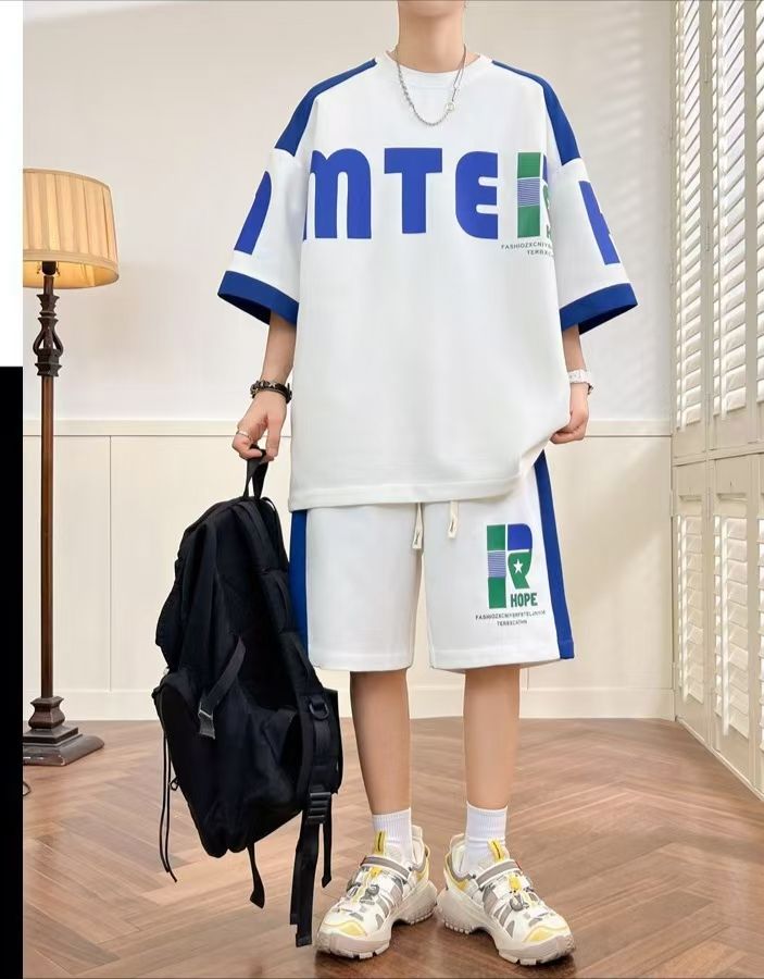 Summer Breathable Youth Waffle Knit T-Shirt & Shorts Set for Men | Korean Style Casual Fashion, Trendy & Handsome Two-Piece Outfit for Students & Teenagers, Plus Size Available