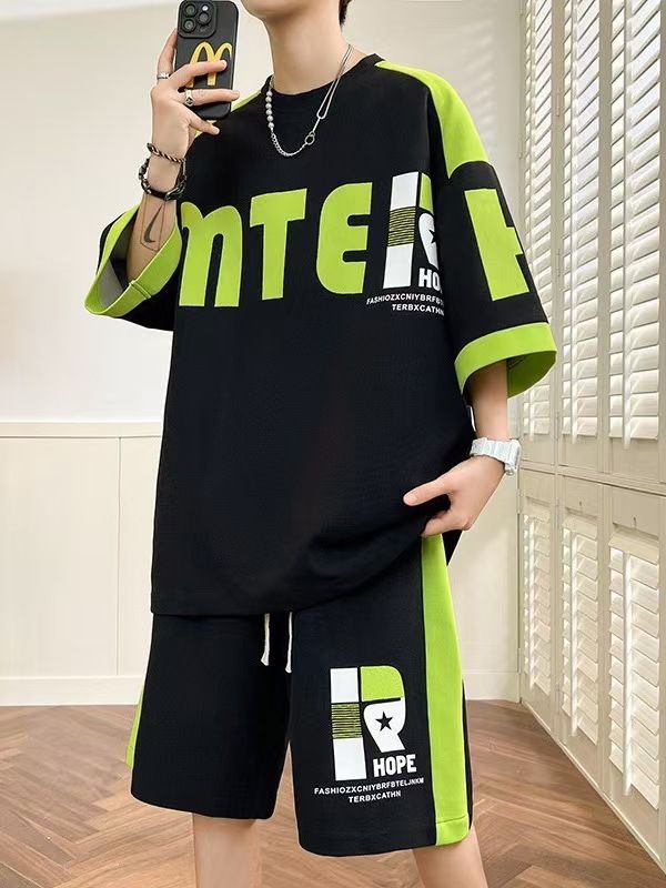 Summer Breathable Youth Waffle Knit T-Shirt & Shorts Set for Men | Korean Style Casual Fashion, Trendy & Handsome Two-Piece Outfit for Students & Teenagers, Plus Size Available