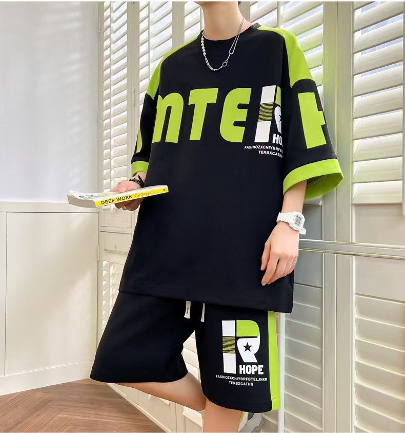 Summer Breathable Youth Waffle Knit T-Shirt & Shorts Set for Men | Korean Style Casual Fashion, Trendy & Handsome Two-Piece Outfit for Students & Teenagers, Plus Size Available