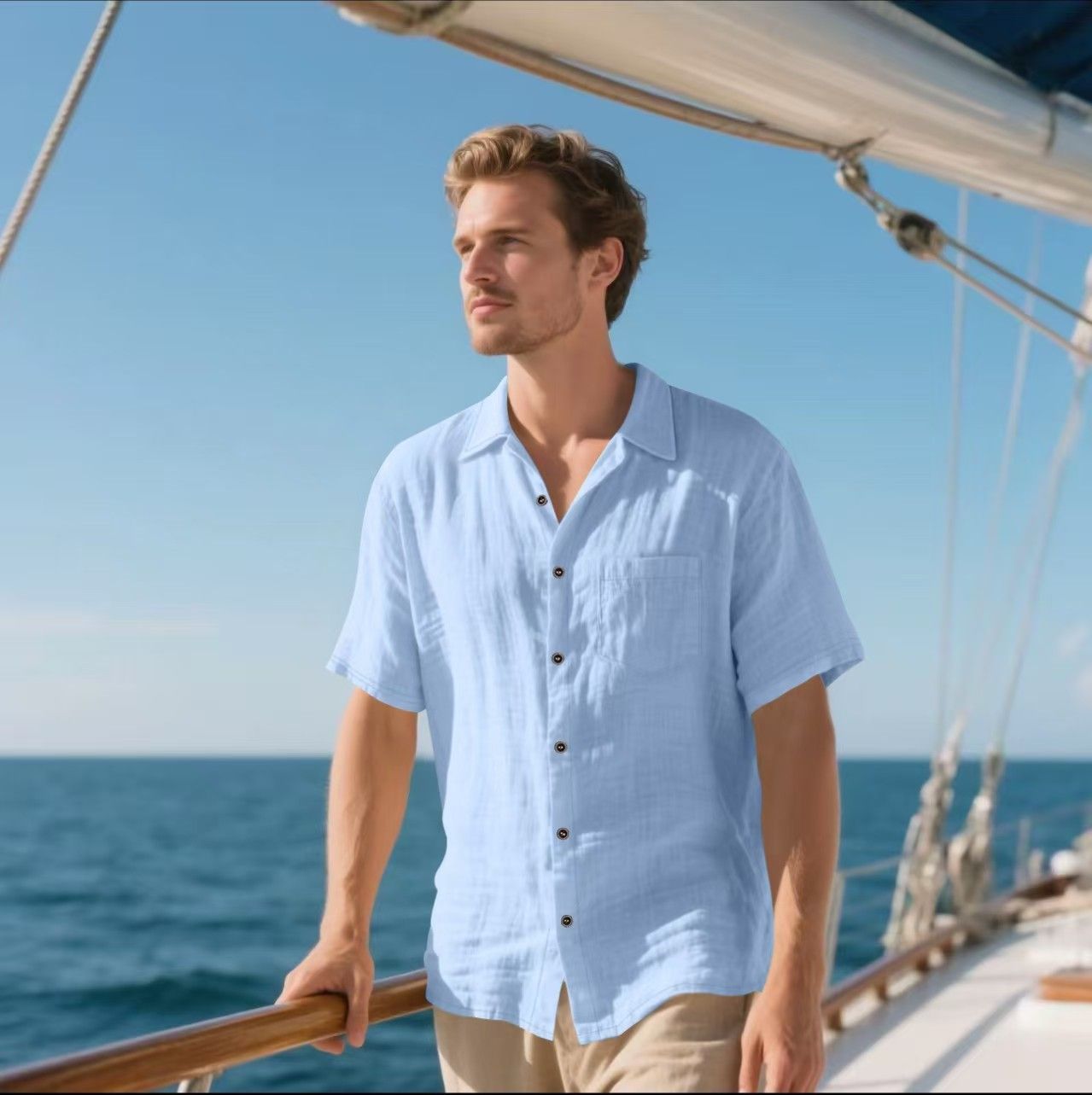 Men's Linen Short Sleeve Shirt – Casual Breathable Button-Up with Chest Pocket, Lightweight Summer Top for Beach, Vacation & Everyday Wear