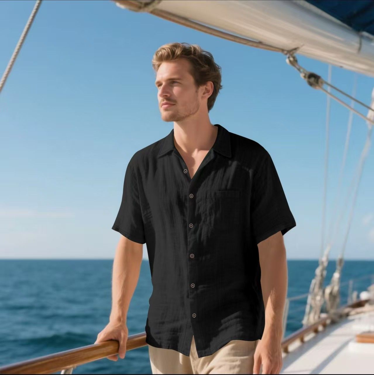 Men's Linen Short Sleeve Shirt – Casual Breathable Button-Up with Chest Pocket, Lightweight Summer Top for Beach, Vacation & Everyday Wear