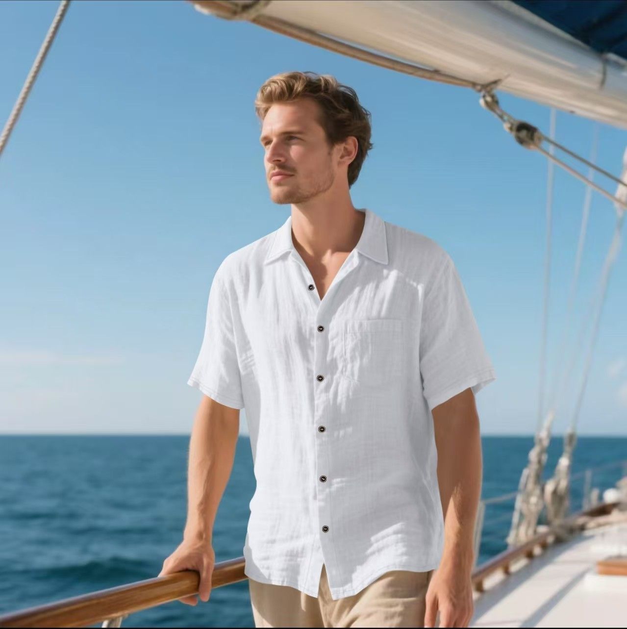 Men's Linen Short Sleeve Shirt – Casual Breathable Button-Up with Chest Pocket, Lightweight Summer Top for Beach, Vacation & Everyday Wear