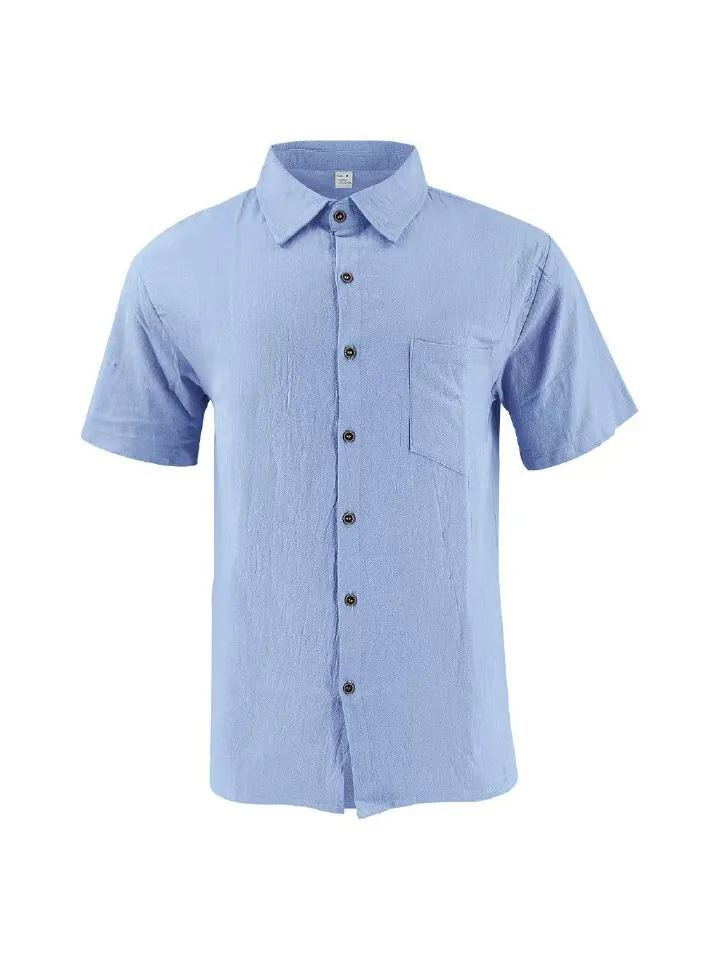 Men's Linen Short Sleeve Shirt – Casual Breathable Button-Up with Chest Pocket, Lightweight Summer Top for Beach, Vacation & Everyday Wear