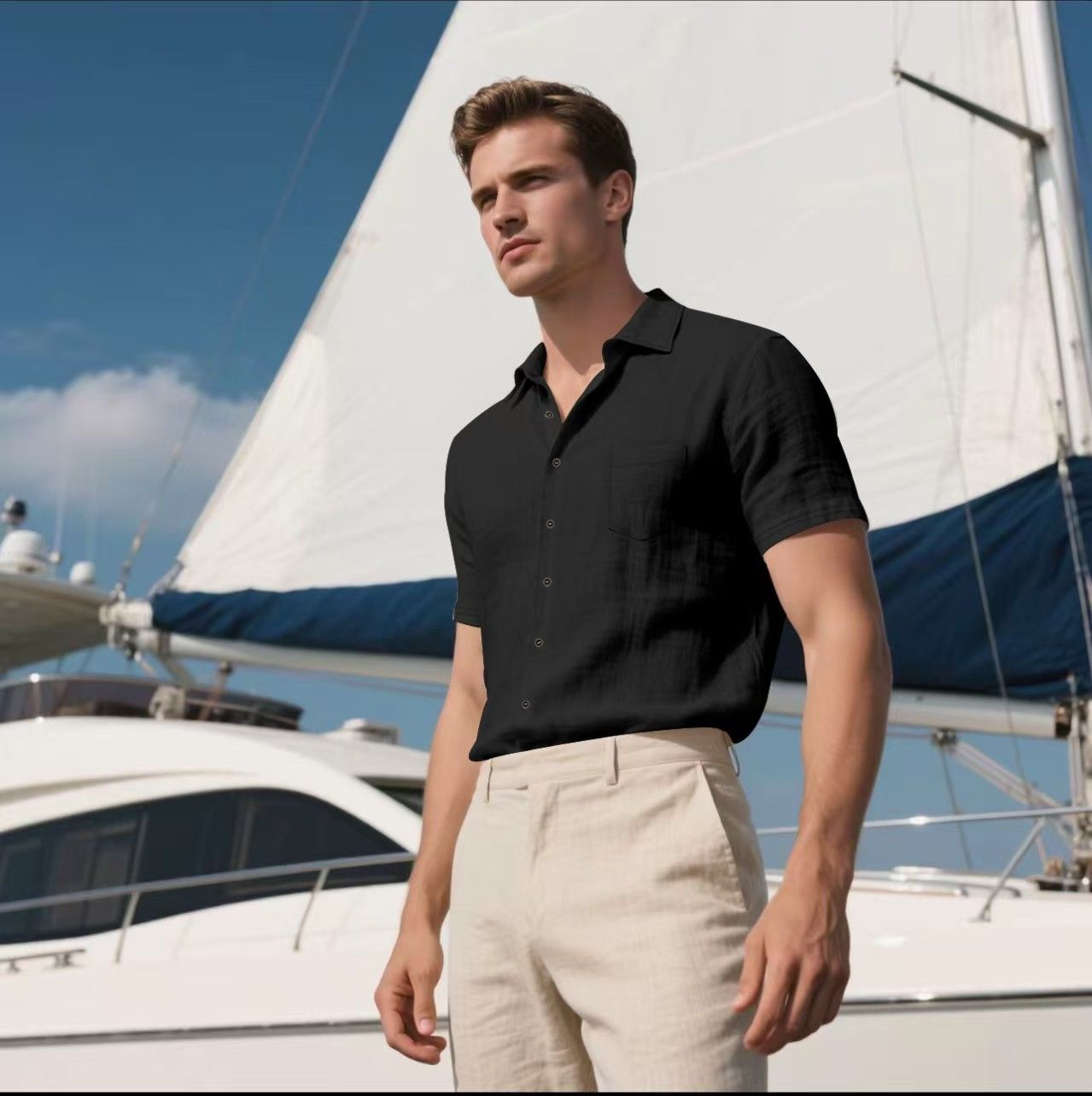 Men's Linen Short Sleeve Shirt – Casual Breathable Button-Up with Chest Pocket, Lightweight Summer Top for Beach, Vacation & Everyday Wear