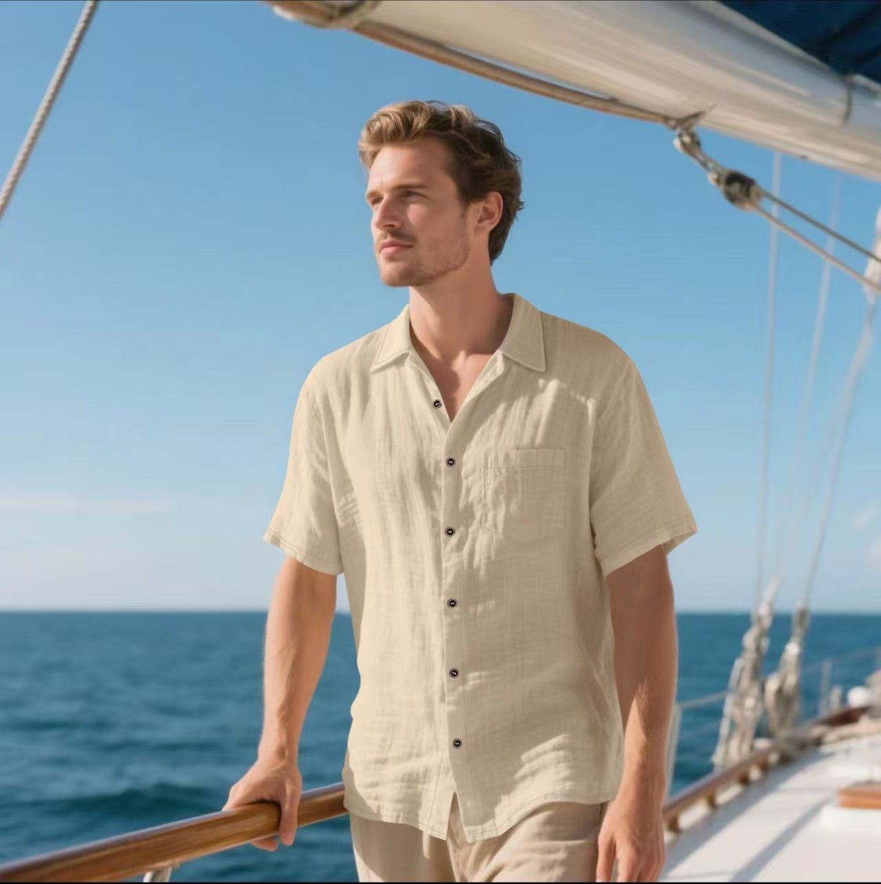 Men's Linen Short Sleeve Shirt – Casual Breathable Button-Up with Chest Pocket, Lightweight Summer Top for Beach, Vacation & Everyday Wear