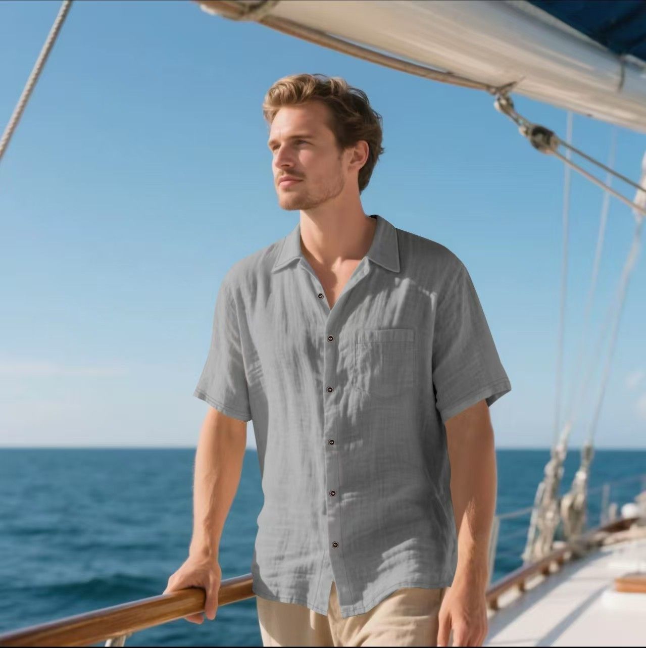 Men's Linen Short Sleeve Shirt – Casual Breathable Button-Up with Chest Pocket, Lightweight Summer Top for Beach, Vacation & Everyday Wear