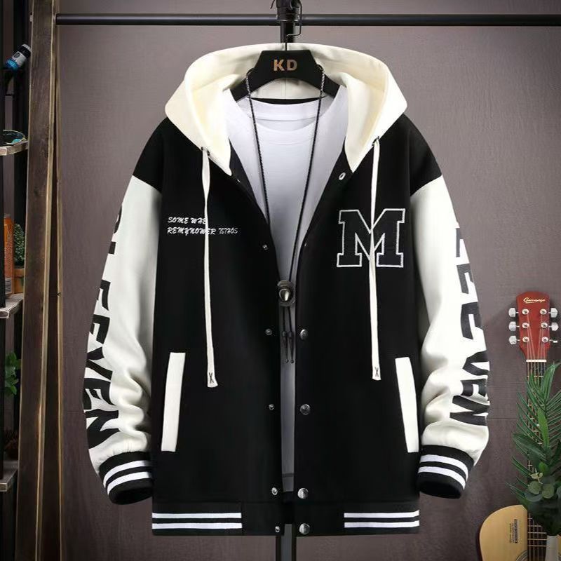 Men's Hooded Varsity Jacket - Spring & Autumn Casual Streetwear, Loose Plus Size for Teenagers & Students, Trendy Dope Style Baseball Coat with Patchwork Sleeves, Comfortable Athletic Outfit for Daily