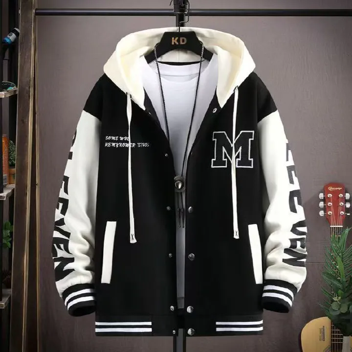 Men's Hooded Varsity Jacket - Spring & Autumn Casual Streetwear, Loose Plus Size for Teenagers & Students, Trendy Dope Style Baseball Coat with Patchwork Sleeves, Comfortable Athletic Outfit for Daily