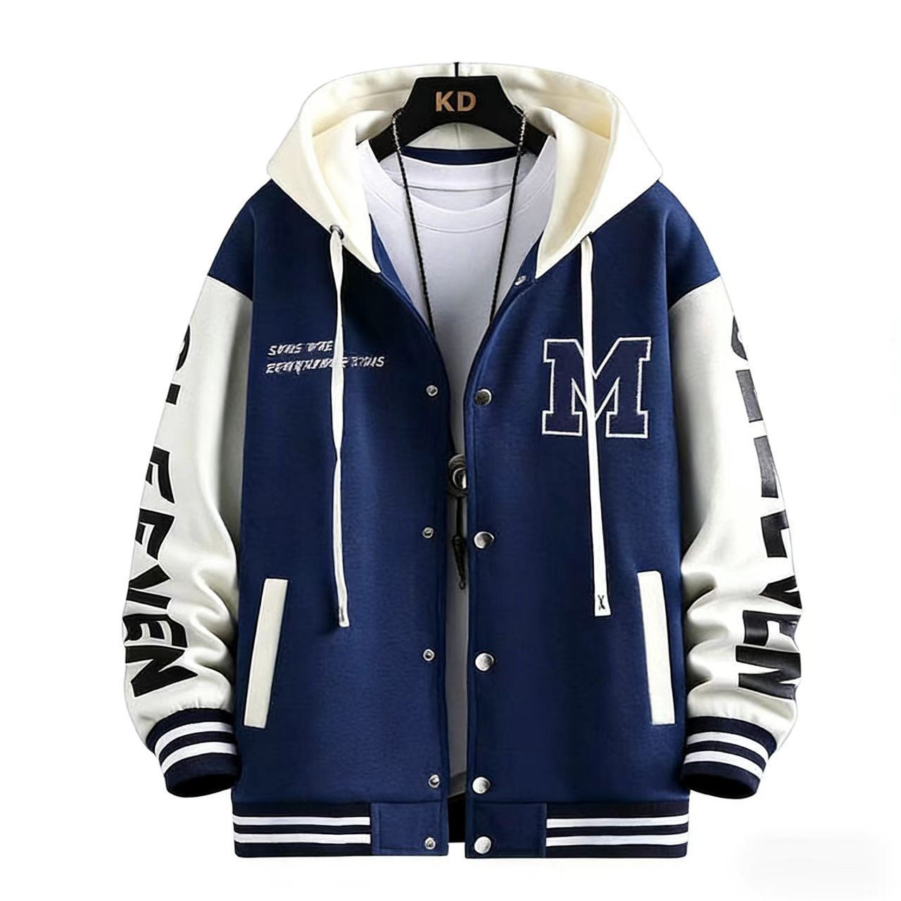 Men's Hooded Varsity Jacket - Spring & Autumn Casual Streetwear, Loose Plus Size for Teenagers & Students, Trendy Dope Style Baseball Coat with Patchwork Sleeves, Comfortable Athletic Outfit for Daily